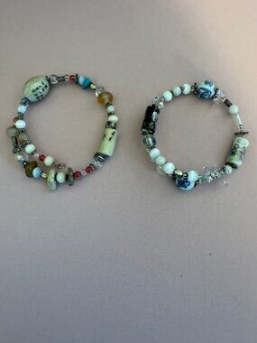 Blue, White, & Floral Beaded Coil Wrap Infinity Bracelet